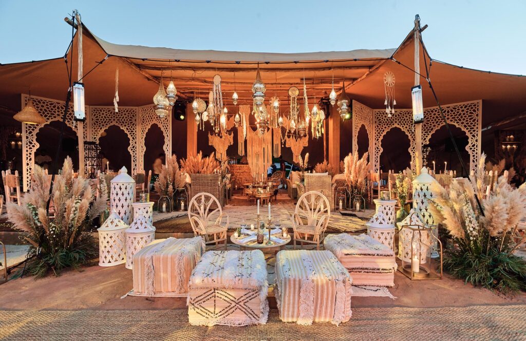 Luxury wedding setup at Selman Marrakech with elegant Moroccan decor – destination wedding photographer Ettore Franceschi